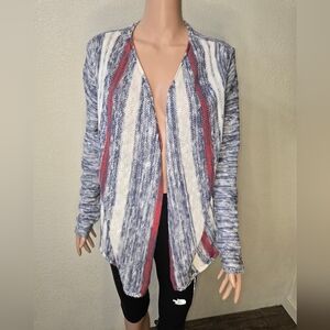 J Jill Long Sleeve Knit Open Front Cardigan Sweater Red/White/Blue Striped Med